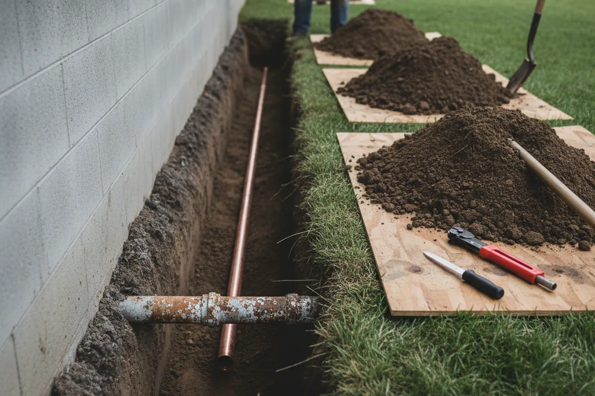 Excavated water line trench during Water Heater Repair in Peggs